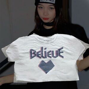 AERO 80’s Retro White Boxy Cropped BELIEVE Graphic Tee LG